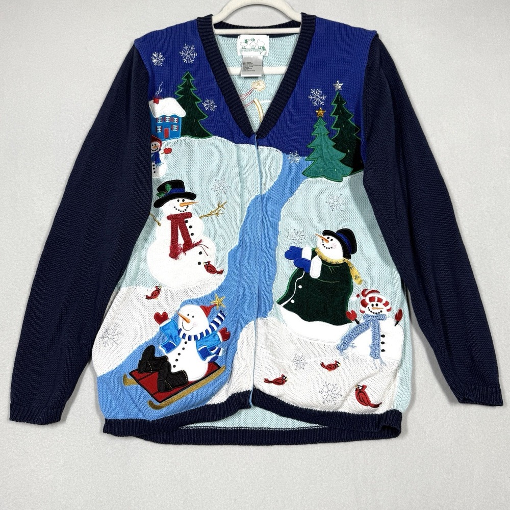 Vintage Snowman Sweater Women Medium Cardigan Embroidered Winter‎ Snow Christmas